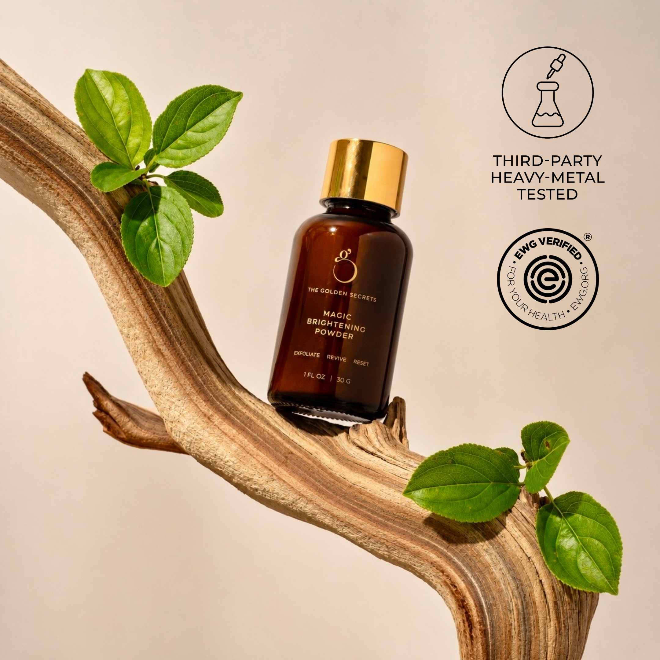 A Cleansing Duo bottle from THE GOLDEN SECRETS sits atop a curved wooden branch adorned with green leaves, promising a radiant complexion. Two certification logos and text highlighting third-party heavy-metal testing are displayed against the beige background.