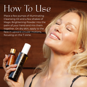 A smiling woman with blonde hair holds two bottles of THE GOLDEN SECRETS Cleansing Duo, with text instructions on how to use the illuminating cleansing oil and brightening powder for a radiant complexion.