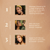 Step-by-step skincare routine featuring images of a woman using THE GOLDEN SECRETS Cleansing Duo, misting, and moisturizing her face. Each step is labeled 1 to 3 with brief descriptions and instructions on a textured beige background. Follow these easy steps for a luminous complexion.