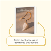 An ebook titled “Quartz Crystal Pendulum” by THE GOLDEN SECRETS, featuring a photo of this essential divination tool on the cover. Below, the text reads “Get instant access and download this ebook!” with two curved arrows pointing toward the book.