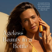 A woman with wavy hair holds a small orange bottle outdoors, looking at the camera. Text reads, Ageless Beauty in a Bottle and describes Sacred Triad by THE GOLDEN SECRETS—an award-winning face oil for plumping, firming, and smoothing skin.