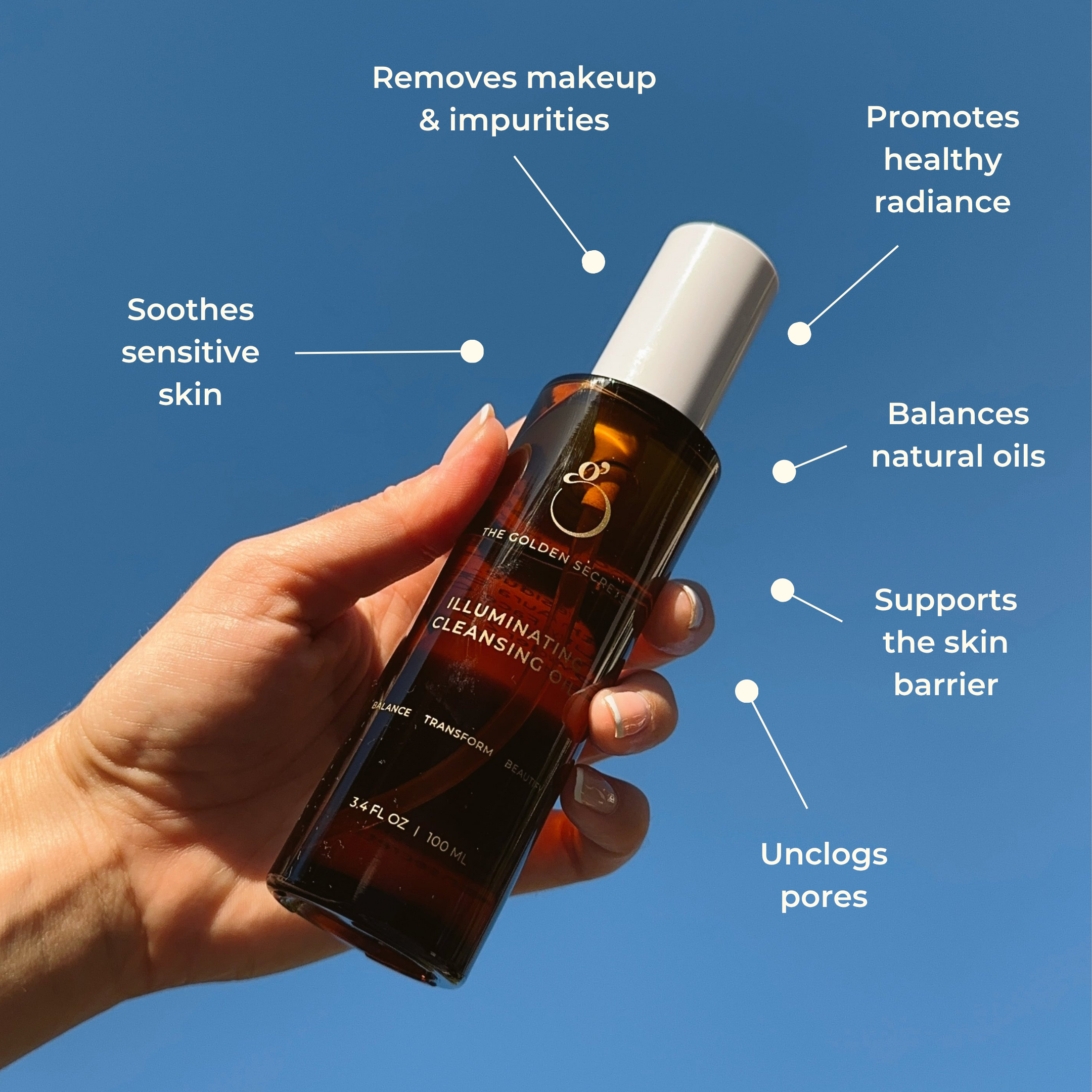 A hand holds a dark bottle of Sacred Triad by THE GOLDEN SECRETS against a blue sky, with text highlighting its features: removes makeup, soothes skin, promotes radiance, balances oils, supports the skin barrier, and unclogs pores.