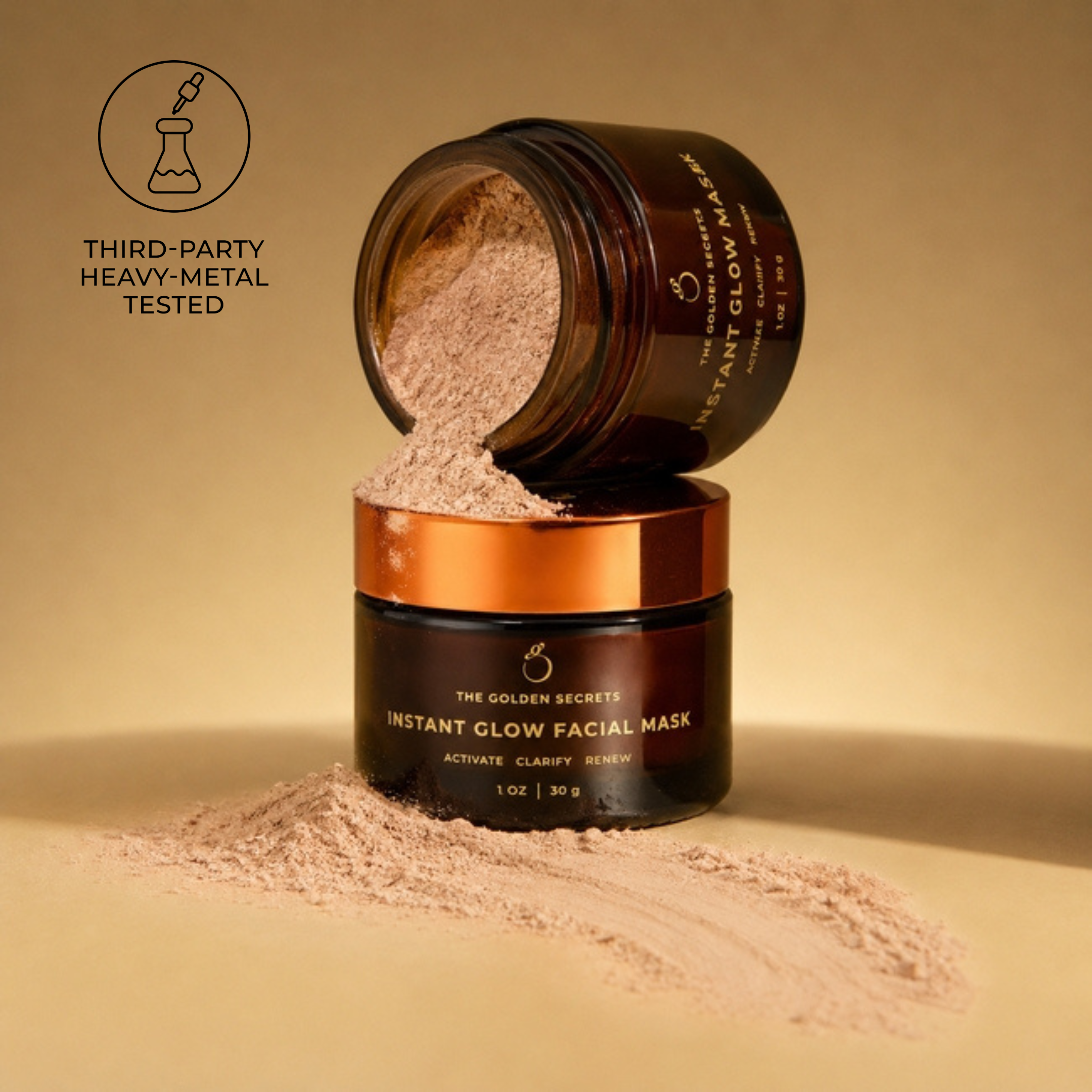 Two amber jars labeled Clear Confident Skin Kit by THE GOLDEN SECRETS spill pink powder onto a tan surface, suggesting a ritual for radiant-looking skin. A circular Third-Party Heavy-Metal Tested badge appears in the top left corner.
