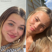 Side-by-side comparison of a young woman before and after using the Clear Confident Skin Kit by THE GOLDEN SECRETS; the left shows her fair, clearer skin indoors, while the right reveals radiant, tanned-looking skin outdoors in sunlight.