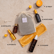 A flat lay of THE GOLDEN SECRETS Clear Confident Skin Kit displays skincare products labeled with steps: 1) Cleanse, 2) Exfoliate, 3) Treat, 4) Hydrate, and 5) Moisturize. The kit includes bottles, a small jar ideal for targeted blemish treatment, a yellow cloth, and a mesh bag arranged on a beige surface—an all-in-one routine designed to help you achieve clearer and more radiant-looking skin.