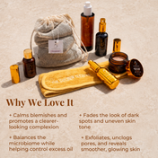 The Clear Confident Skin Kit by THE GOLDEN SECRETS is displayed on a neutral surface, featuring bottles, a jar, pouch, and cloth. Text highlights its benefits: clearer skin, balanced microbiome, faded dark spots, and exfoliated glowing skin—making it the ideal blemish treatment for anyone seeking radiant-looking skin.
