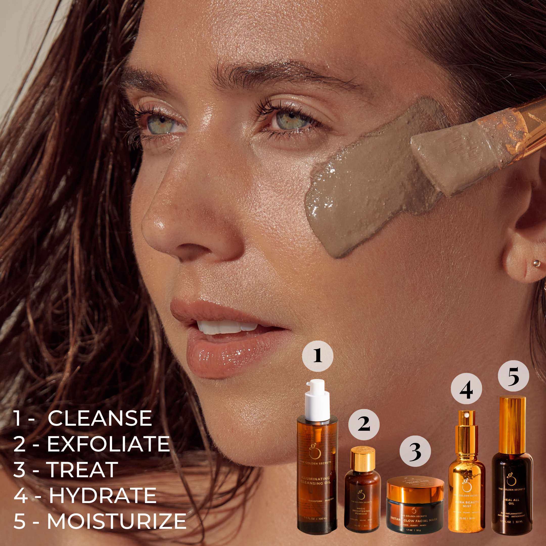 A woman applies a clay mask to her face with a brush, following a routine for radiant-looking skin using THE GOLDEN SECRETS Clear Confident Skin Kit. Five skincare products from the kit are displayed, numbered 1 to 5, corresponding to the steps: cleanse, exfoliate, treat (including blemish treatment), hydrate, and moisturize.