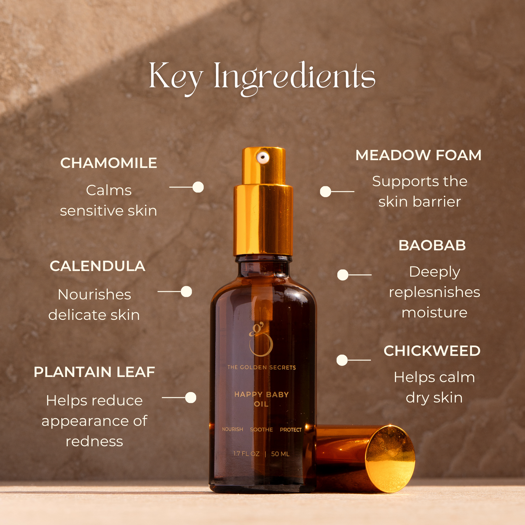 A brown bottle of THE GOLDEN SECRETS Mom & Baby Oil with a gold cap is centered. Text highlights key ingredients and benefits—chamomile, meadowfoam, calendula, baobab, plantain leaf, and chickweed—set against a beige background. Specially crafted to protect baby’s delicate skin barrier and support mom’s changing skin, this nourishing duo offers gentle care for your family’s needs.