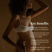 A woman in white underwear applies THE GOLDEN SECRETS Mom & Baby lotion to her stomach, while text highlights its key benefits: moisturizes, relieves dryness, improves stretch marks, supports firmer skin, and nurtures mom’s changing skin—caring for both her and her baby’s delicate barrier at every stage of life.
