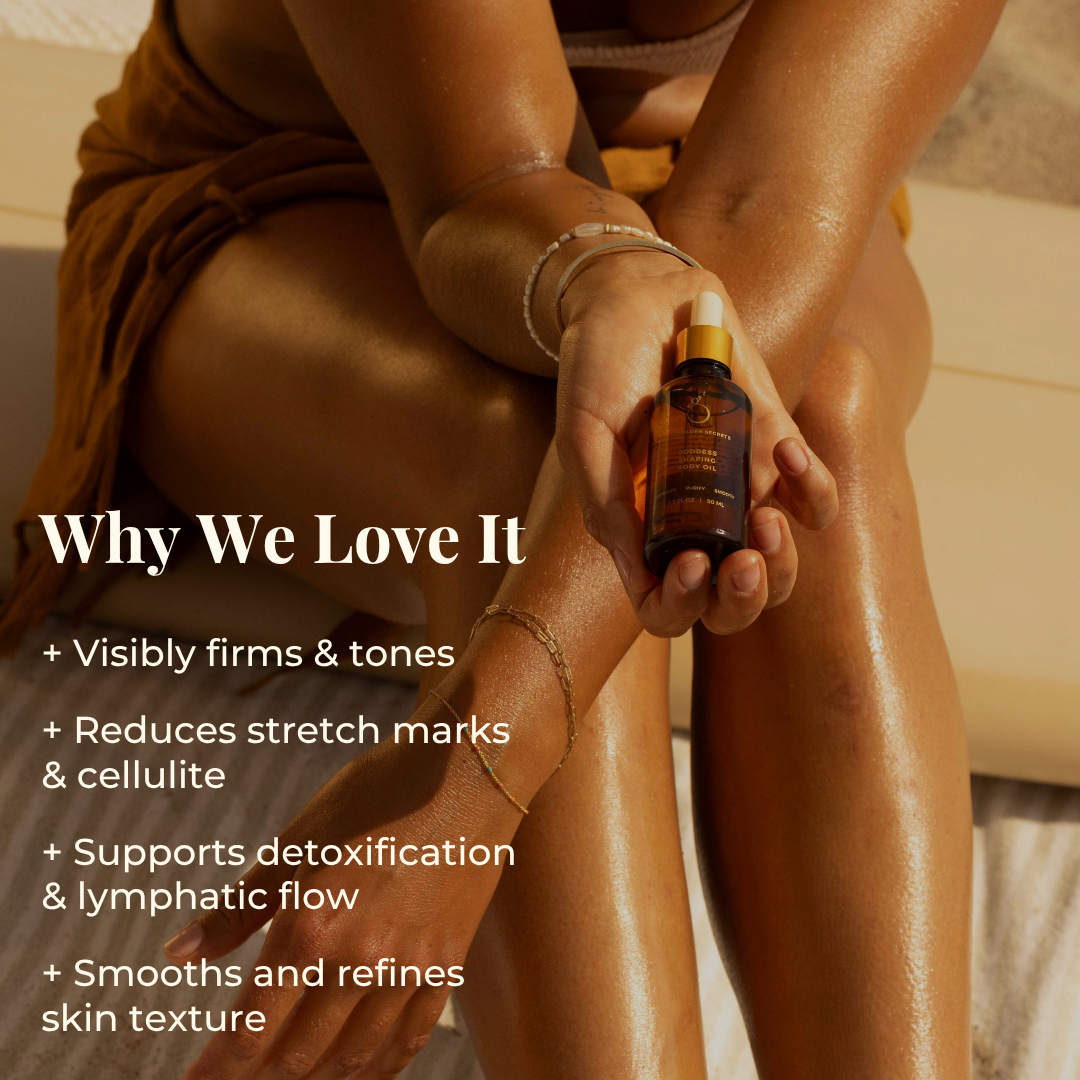 A woman seated indoors holding a small amber bottle with a gold cap. The image includes overlaid marketing text reading 'Why We Love It' with benefits about visibly firming and toning, reducing stretch marks and cellulite, supporting detoxification, and smoothing skin texture.