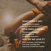 A person applies THE GOLDEN SECRETS Heal All Oil to their leg from a dark bottle with a gold cap, sunlight shining on their skin. Overlay text highlights the oil’s benefits and its roots in Polynesian beauty traditions for healthy skin.