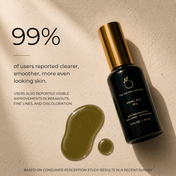 A bottle of THE GOLDEN SECRETS Heal All Oil lies on a beige surface with spilled oil, highlighting visible improvements in breakouts and discoloration for smoother, more even-looking skin.