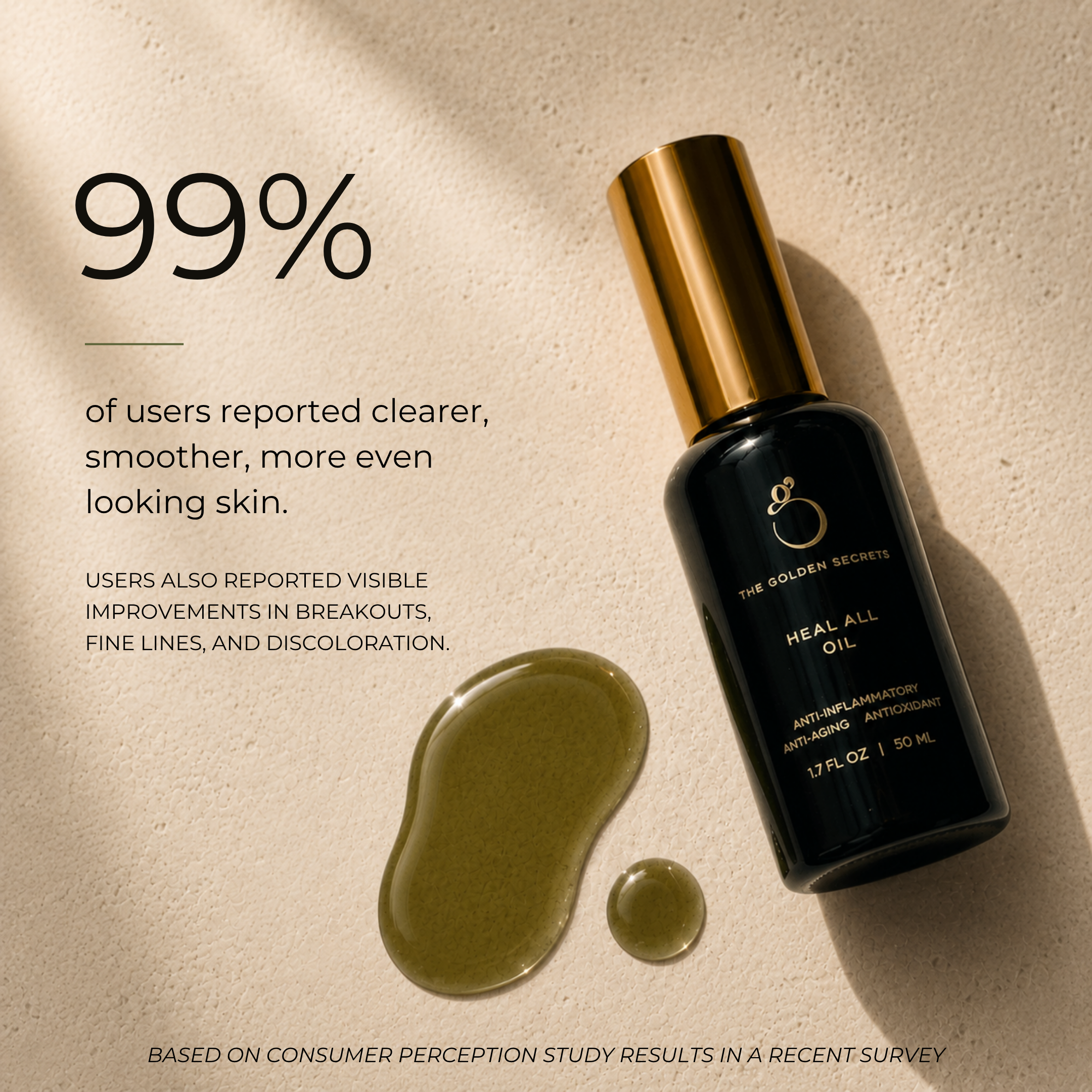A bottle of THE GOLDEN SECRETS Heal All Oil lies on a beige surface with spilled oil, highlighting visible improvements in breakouts and discoloration for smoother, more even-looking skin.