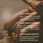 On a sunny beach, someone applies THE GOLDEN SECRETS Heal All Oil to their leg. Text highlights its benefits, proven effectiveness, and deep connection to Polynesian beauty traditions using cherished Calophyllum inophyllum oil.