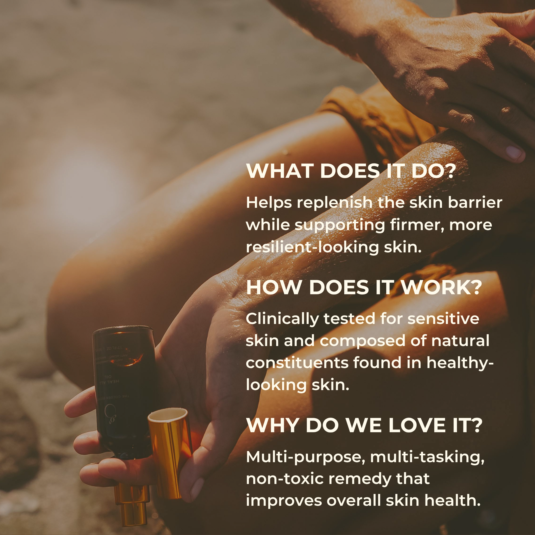 On a sunny beach, someone applies THE GOLDEN SECRETS Heal All Oil to their leg. Text highlights its benefits, proven effectiveness, and deep connection to Polynesian beauty traditions using cherished Calophyllum inophyllum oil.