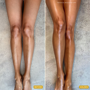 Two images of a person’s legs side by side: the left shows lighter skin labeled BEFORE, and the right displays tanned, radiant skin labeled APHRODISIAC GLOW OIL (THE GOLDEN SECRETS), showcasing a sun-kissed glow. The background is a neutral floor.