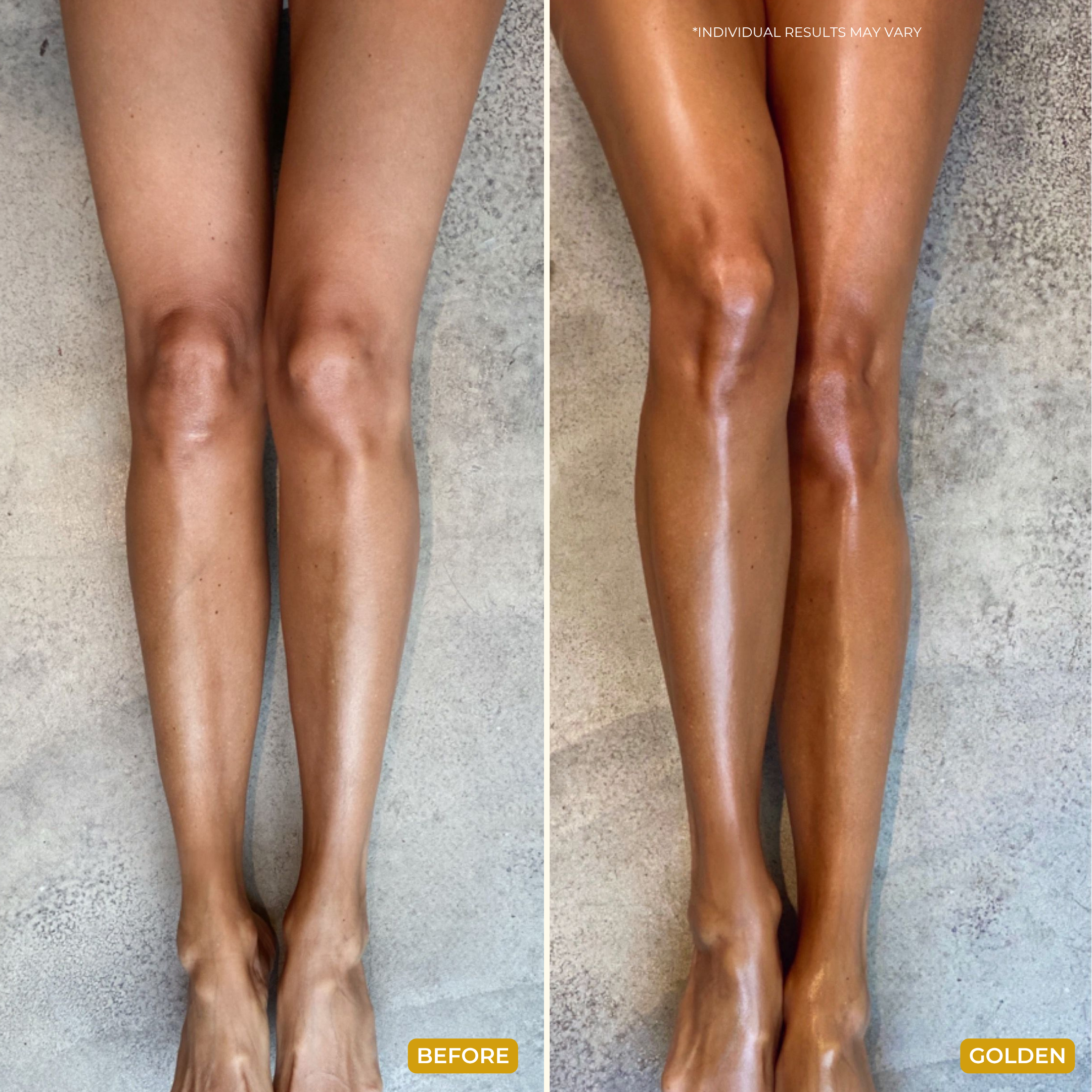 Two images of a person’s legs side by side: the left shows lighter skin labeled BEFORE, and the right displays tanned, radiant skin labeled APHRODISIAC GLOW OIL (THE GOLDEN SECRETS), showcasing a sun-kissed glow. The background is a neutral floor.