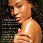 A woman with glowing, sun-kissed skin poses outdoors. Text highlights Aphrodisiac Glow Oil by THE GOLDEN SECRETS: it smooths skin, boosts radiance, and nurtures with jasmine sambac essence while delivering a luminous sun-kissed glow.