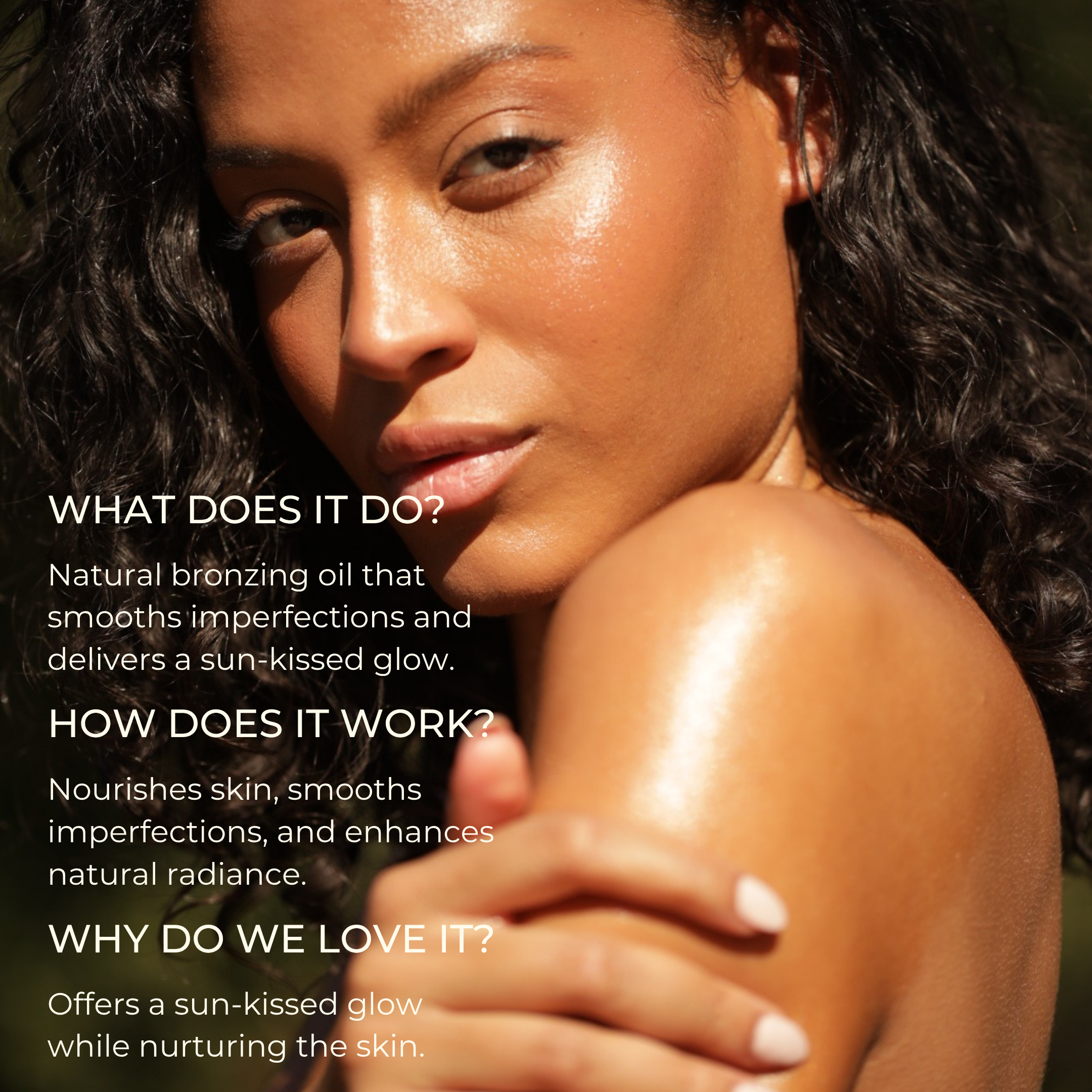 A woman with glowing, sun-kissed skin poses outdoors. Text highlights Aphrodisiac Glow Oil by THE GOLDEN SECRETS: it smooths skin, boosts radiance, and nurtures with jasmine sambac essence while delivering a luminous sun-kissed glow.
