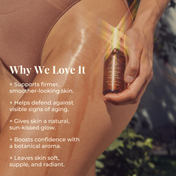 A person applies Aphrodisiac Glow Oil by THE GOLDEN SECRETS to their thigh, revealing smooth, glowing skin. The text highlights its benefits: firmer-looking skin, anti-aging properties, a natural glow, boosted confidence, and soft, radiant results. Infused with nourishing coconut oil and jasmine sambac, this blend leaves your skin luminous and healthy-looking.