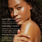 Bathed in sunlight, a woman with radiant skin showcases THE GOLDEN SECRETS' Aphrodisiac Glow Oil—enriched with jasmine sambac and formulated for lightweight, non-greasy wear. The overlaid text highlights this natural bronzing oil’s buildable, wash-off color (free from DHA or streaks) as the perfect way to achieve sun-kissed summer luminosity.