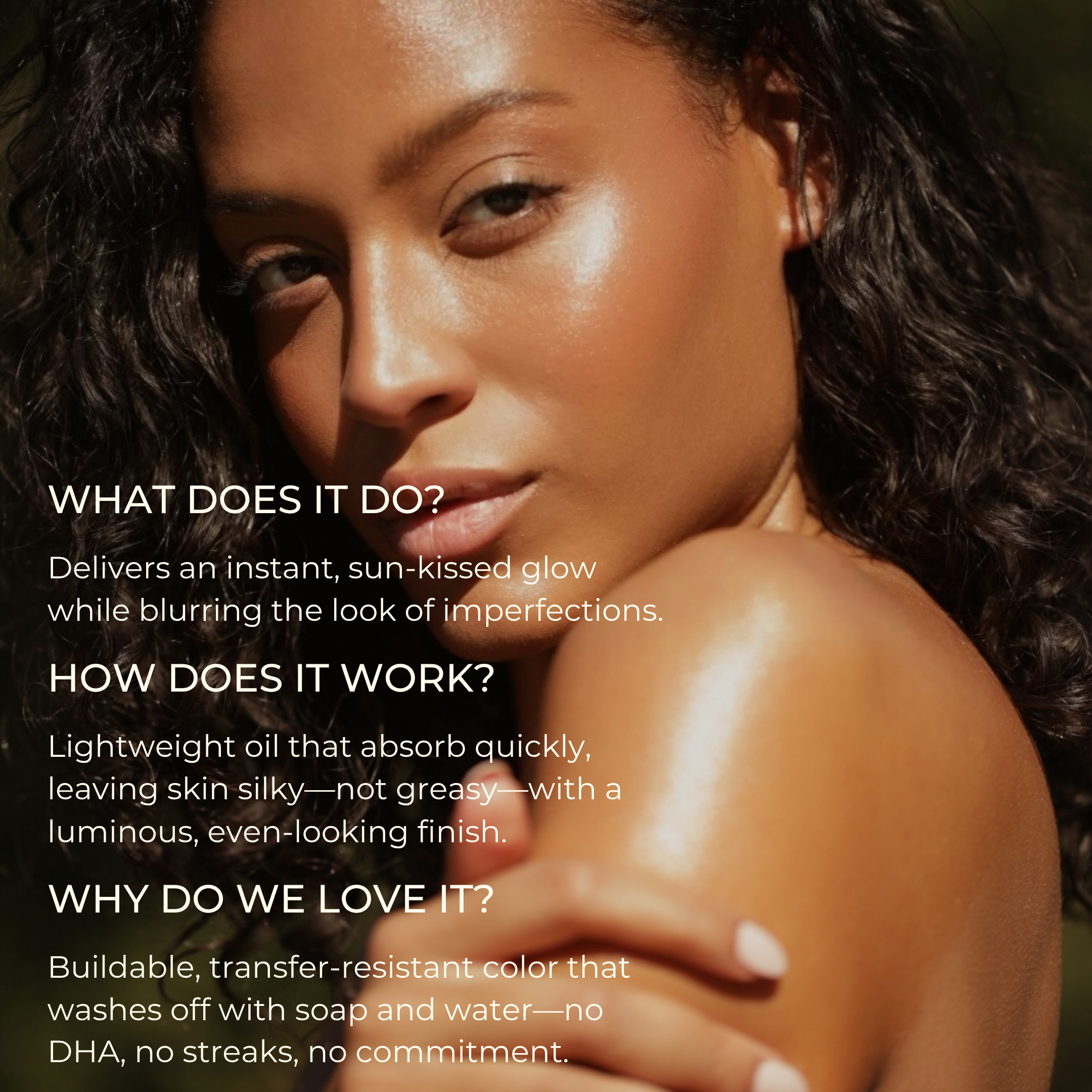 Bathed in sunlight, a woman with radiant skin showcases THE GOLDEN SECRETS' Aphrodisiac Glow Oil—enriched with jasmine sambac and formulated for lightweight, non-greasy wear. The overlaid text highlights this natural bronzing oil’s buildable, wash-off color (free from DHA or streaks) as the perfect way to achieve sun-kissed summer luminosity.