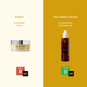Split image: left side shows Elemis Cleansing Balm (rated Dirty 8), right side features THE GOLDEN SECRETS Illuminating Cleansing Oil—a nourishing oil cleanser formulated with antioxidant skincare ingredients like Camellia Oleifera Seed Oil—(rated Clean 0) on a vibrant yellow background.
