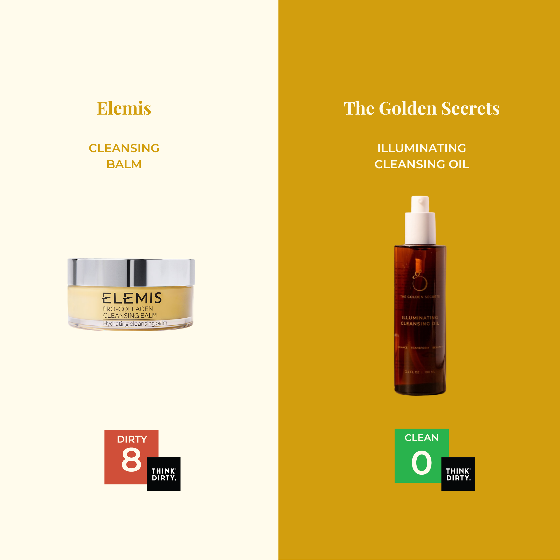 Split image: left side shows Elemis Cleansing Balm (rated Dirty 8), right side features THE GOLDEN SECRETS Illuminating Cleansing Oil—a nourishing oil cleanser formulated with antioxidant skincare ingredients like Camellia Oleifera Seed Oil—(rated Clean 0) on a vibrant yellow background.