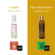 THE GOLDEN SECRETS Aura Beauty Mist—formulated with hydrating facial mist ingredients like Red Algae Arctic Peptide and Tremella Mushroom—is shown on the right with a Clean 0 rating from Think Dirty, while Caudalie Beauty Elixir appears on the left with a Dirty 8 rating.