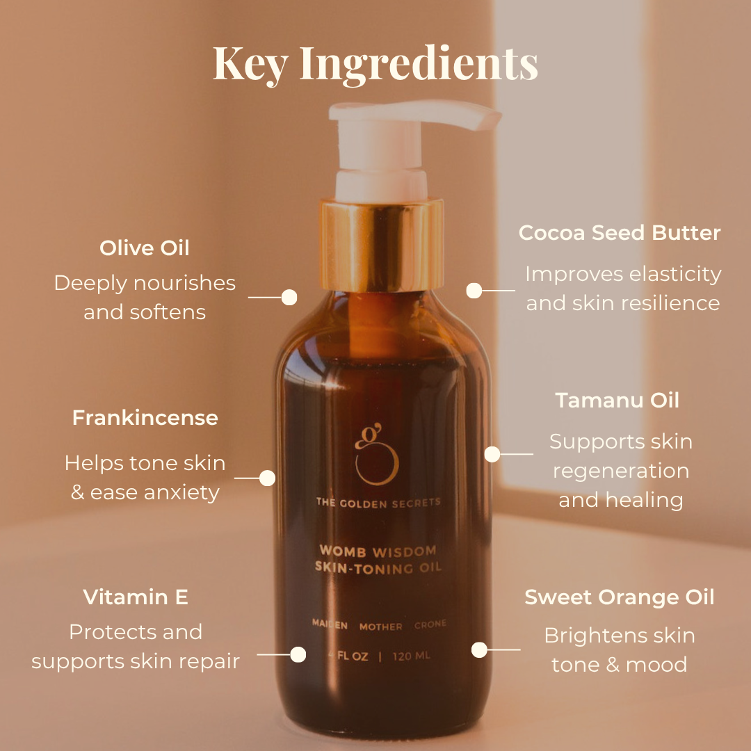 Bottle of Womb Wisdom skin-toning oil with key ingredients labeled on a brown background