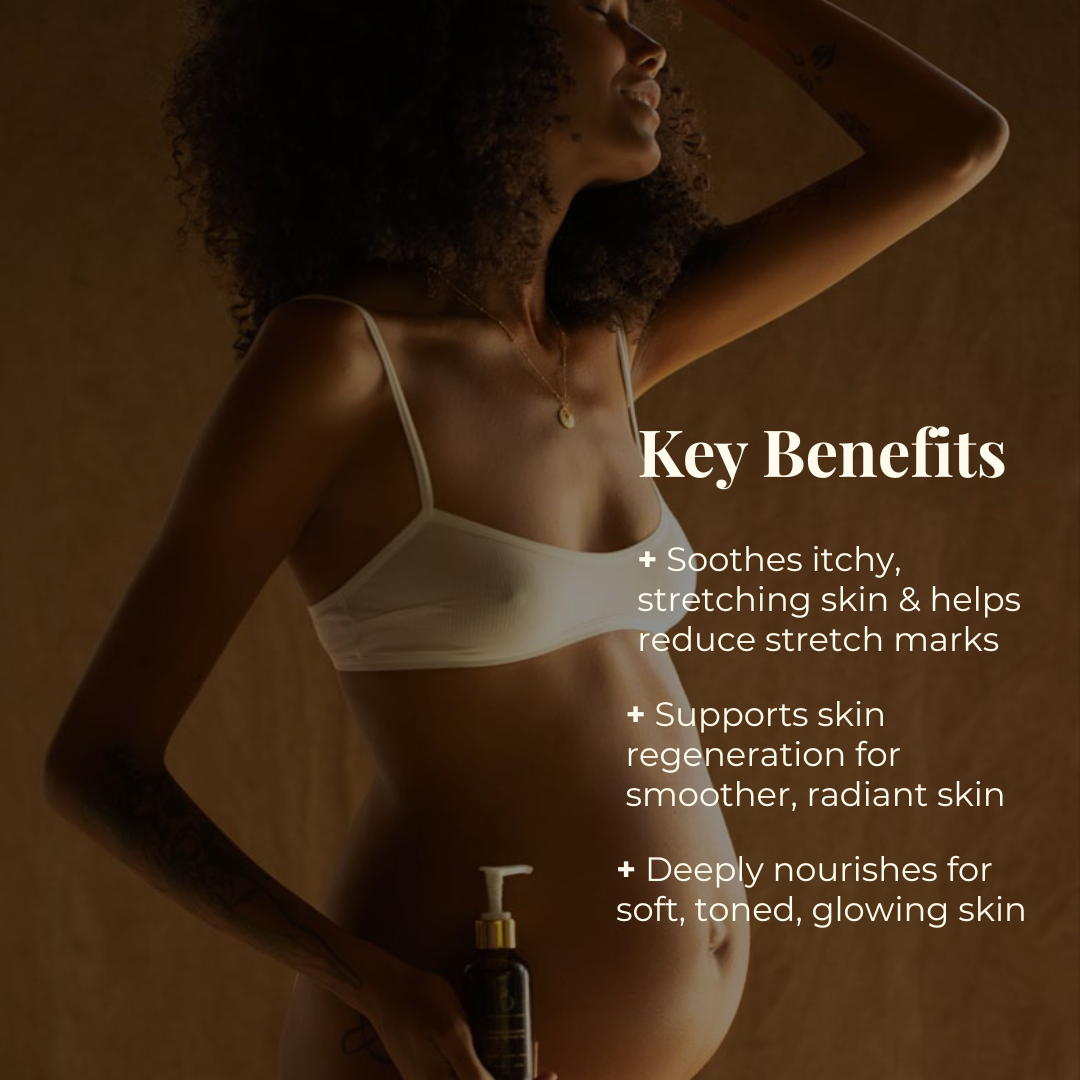 Woman wearing a white bra with text listing key benefits on a brown background
