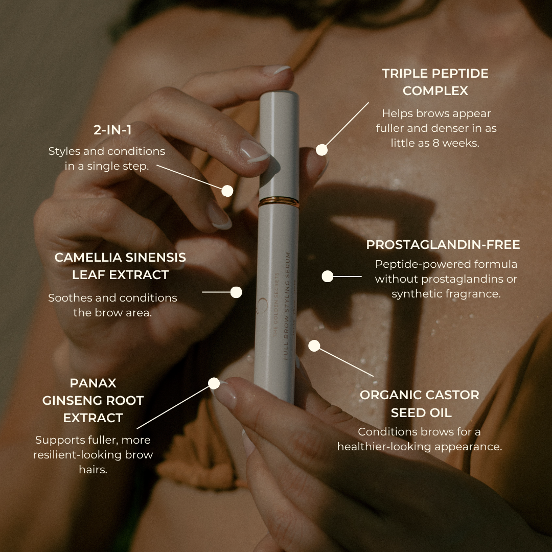 A close-up of a woman holding a white and gold brow serum, with text callouts highlighting key ingredients: triple peptide complex, camellia sinensis leaf extract, panax ginseng root extract, and organic castor seed oil.