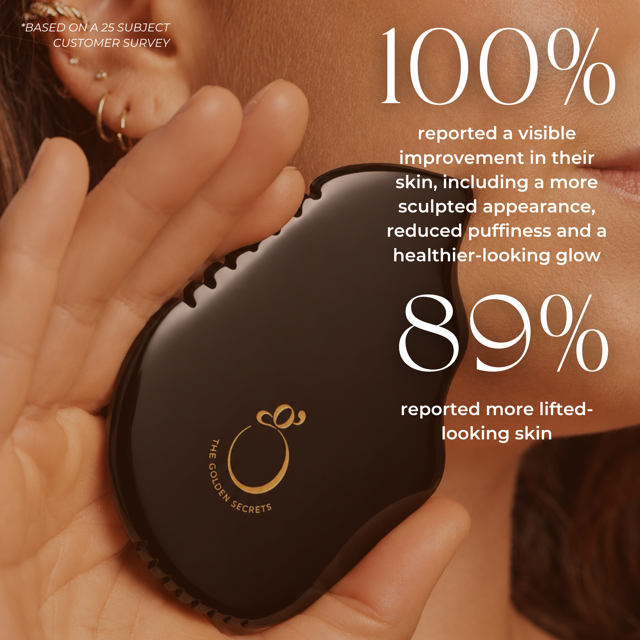 A woman holds the Sorceress Stone Gua Sha Beauty Tool by THE GOLDEN SECRETS near her cheek. Text reads: 100% reported visible skin improvement; 89% reported a more lifted-looking, sculpted face—based on a 25-subject customer survey.