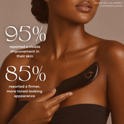 A woman uses the THE GOLDEN SECRETS Sculpting Stone Gua Sha Body Tool on her upper chest. Text reads: 95% reported a visible improvement in their skin. 85% reported a firmer, more toned-looking appearance.