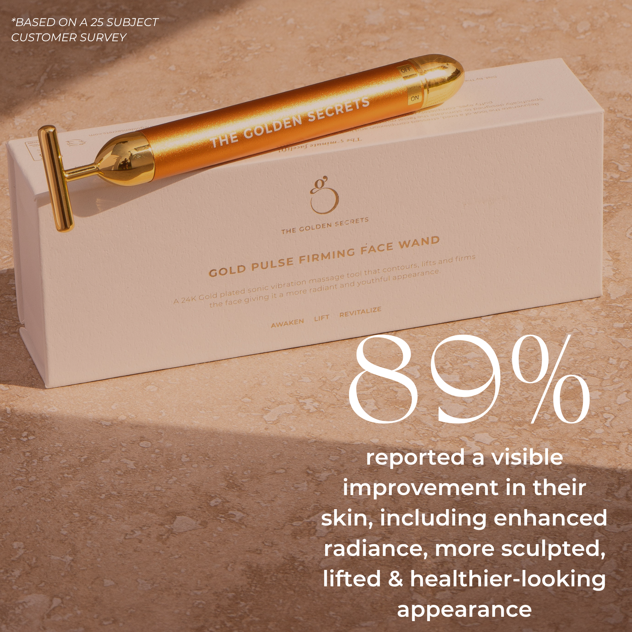 A 24k gold-plated Gold Pulse Firming Face Wand by THE GOLDEN SECRETS rests on its white box. Text states that 89% of users saw visible skin improvement—including enhanced radiance, a more sculpted and lifted look, and healthier-looking skin—delivering facial sculpting and lymphatic drainage benefits, based on a survey of 25 customers.