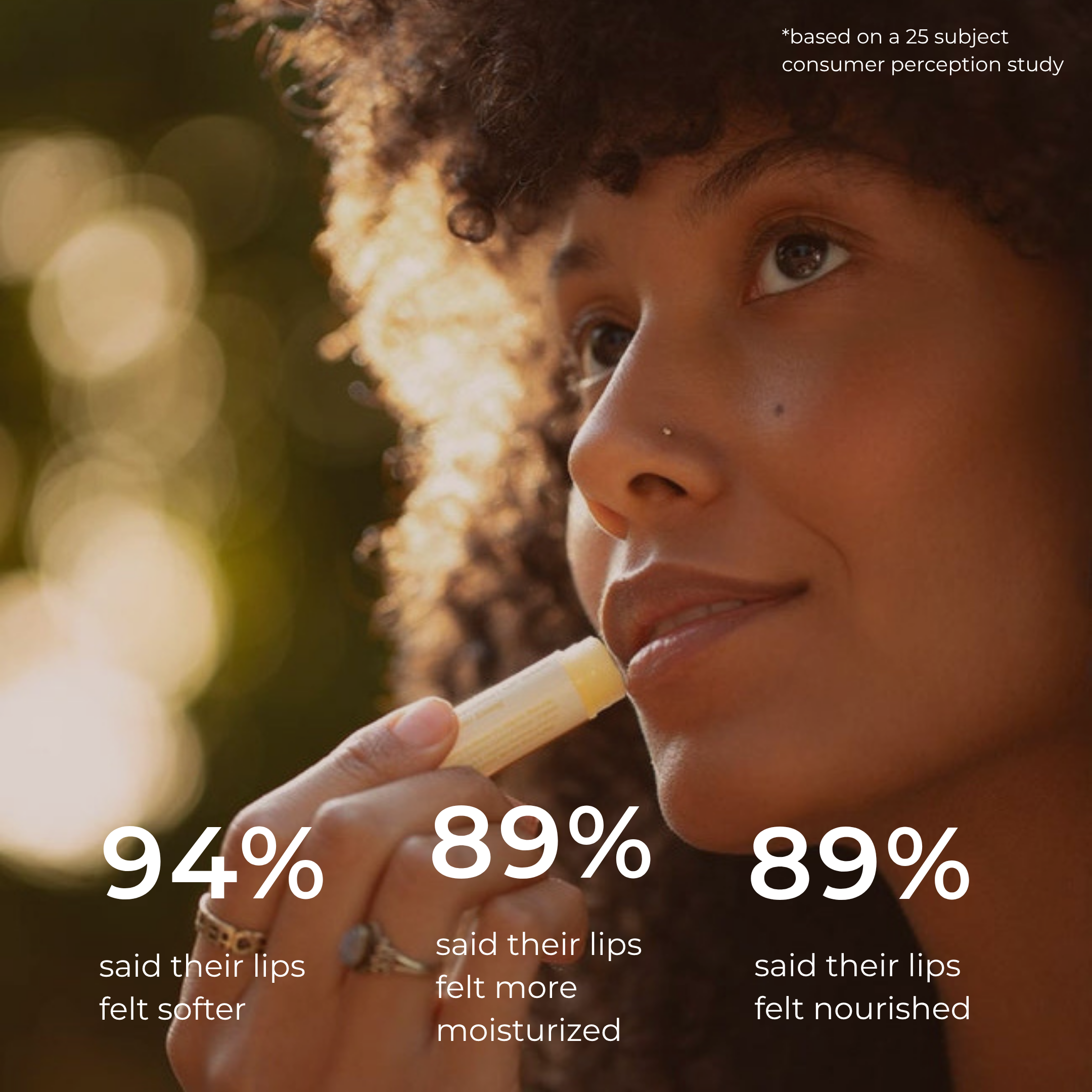 A woman with curly hair applies THE GOLDEN SECRETS Organic Coconut Lip Balm outdoors. On-screen text: 94% felt softer lips, 89% felt more moisturized lips, and 89% felt nourished lips.* Results based on a consumer perception study of 25 participants. Perfect for hydrating dry lips and helping you achieve naturally plump lips.