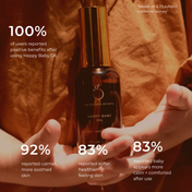 A person holds a dark bottle of Happy Baby Oil by THE GOLDEN SECRETS in their hands. Text on the image highlights customer survey results, featuring 100% positive feedback and impressive statistics about improved skin hydration and comfort. The organic formula is specially designed to soothe dryness and is gentle enough for even the most sensitive skin.