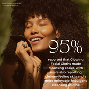 A woman with curly hair smiles with closed eyes while holding a black cloth to her face; overlaid text says 95% of users found THE GOLDEN SECRETS Cleansing Ritual Kit improved their proper cleansing routine, according to a survey of 25 subjects.