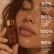 A woman with glowing skin holds a bottle of THE GOLDEN SECRETS Magic Brightening Powder 3-in-1 near her face. Text highlights positive survey results: improved radiance, reduced impurities, smoother texture, and visible effectiveness on dullness and dark spots—all thanks to this exfoliating brightening powder enriched with pearl powder.