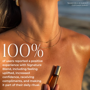 A close-up of a woman at the beach wearing gold necklaces, holding a small roller bottle, with text stating 100% of users reported a positive experience with Signature Blend Essential Oil by THE GOLDEN SECRETS—a luxurious organic botanical aromatherapy blend—based on a 25-subject survey.