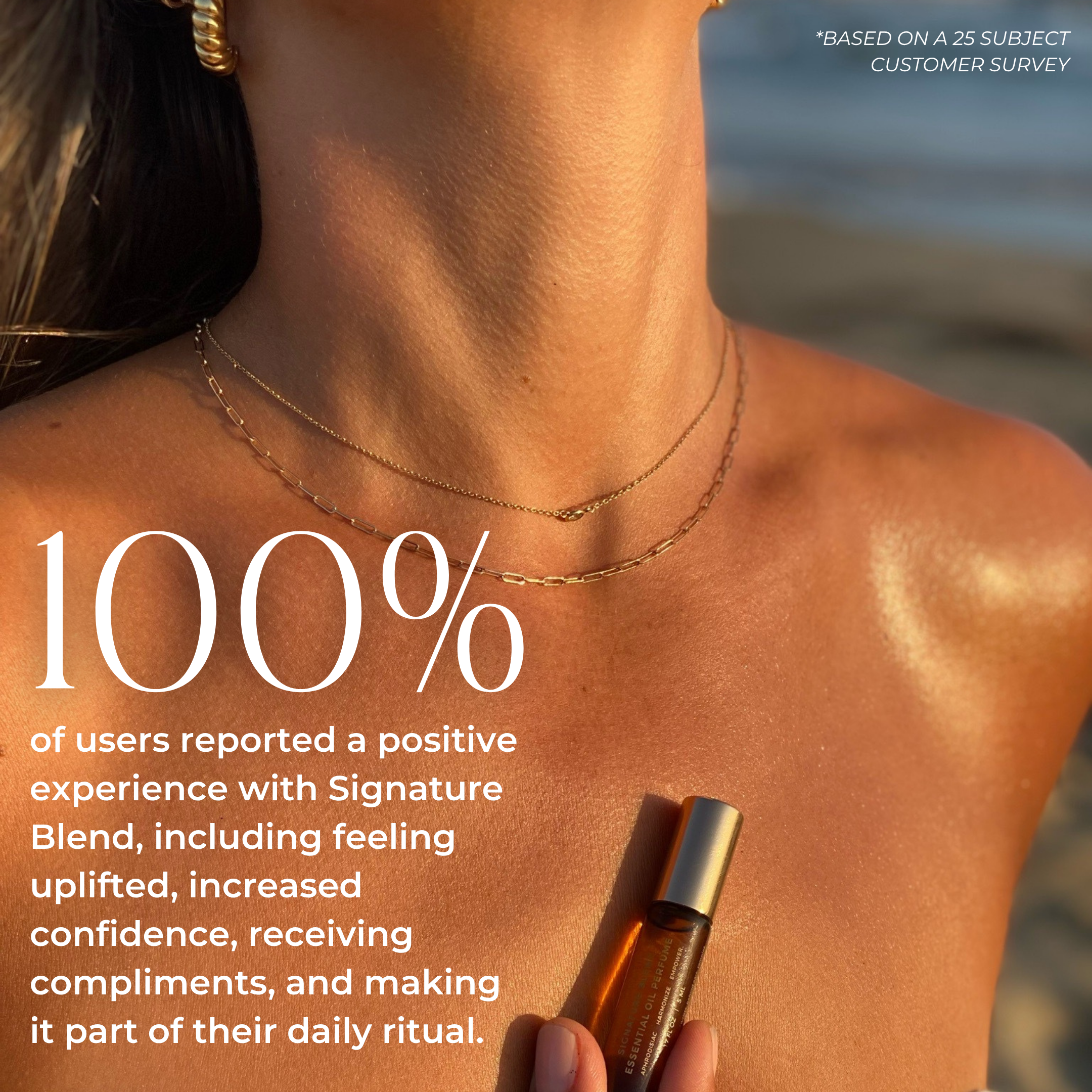 A close-up of a woman at the beach wearing gold necklaces, holding a small roller bottle, with text stating 100% of users reported a positive experience with Signature Blend Essential Oil by THE GOLDEN SECRETS—a luxurious organic botanical aromatherapy blend—based on a 25-subject survey.