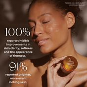 A woman applies THE GOLDEN SECRETS Instant Glow Facial Mask to her face, holding a small jar. Text highlights that 100% saw visible improvements and 91% reported brighter, more even skin in a survey of 25 customers. Ideal for aging skin, this antioxidant mask helps enhance your complexion for radiant, healthy-looking results.