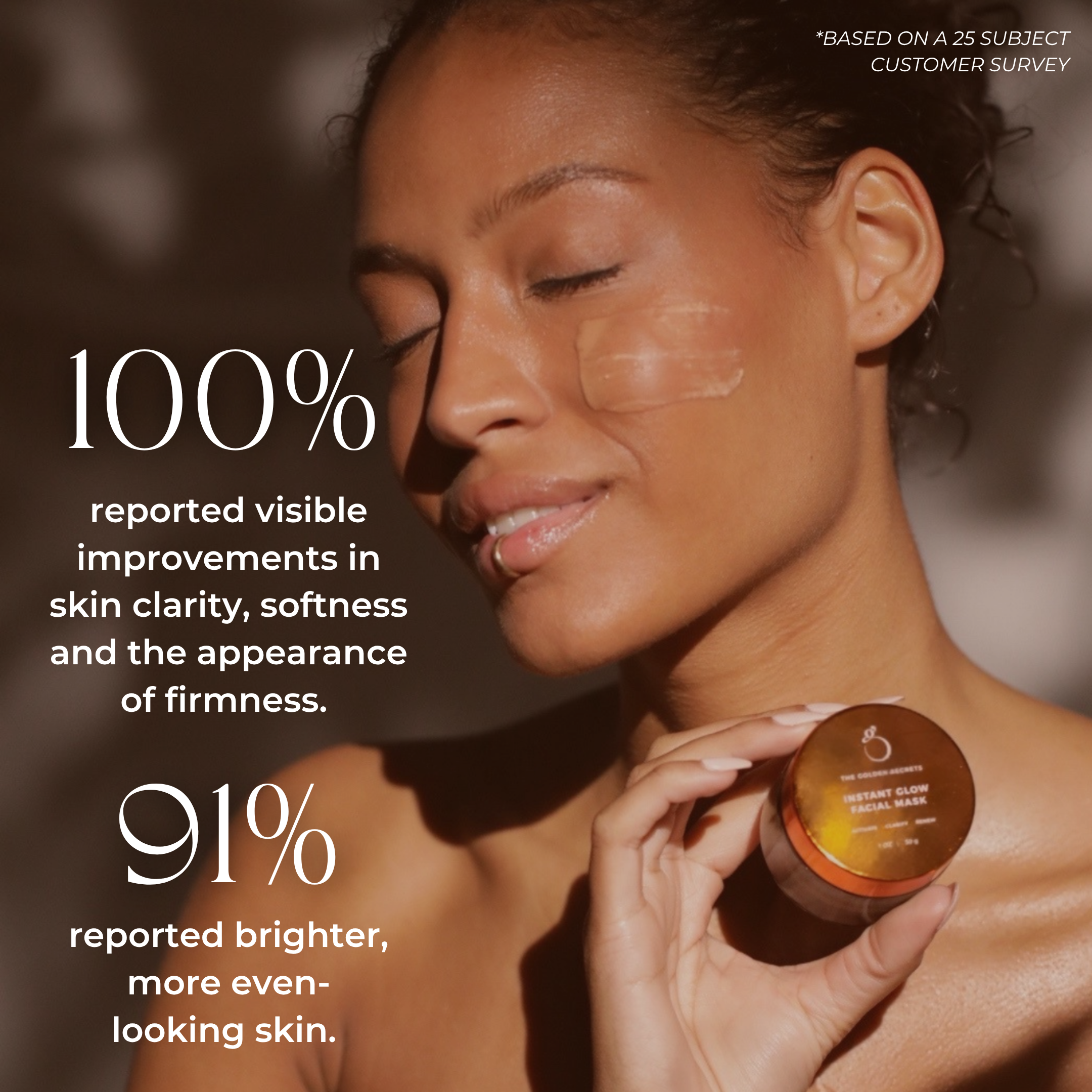 A woman applies THE GOLDEN SECRETS Instant Glow Facial Mask to her face, holding a small jar. Text highlights that 100% saw visible improvements and 91% reported brighter, more even skin in a survey of 25 customers. Ideal for aging skin, this antioxidant mask helps enhance your complexion for radiant, healthy-looking results.