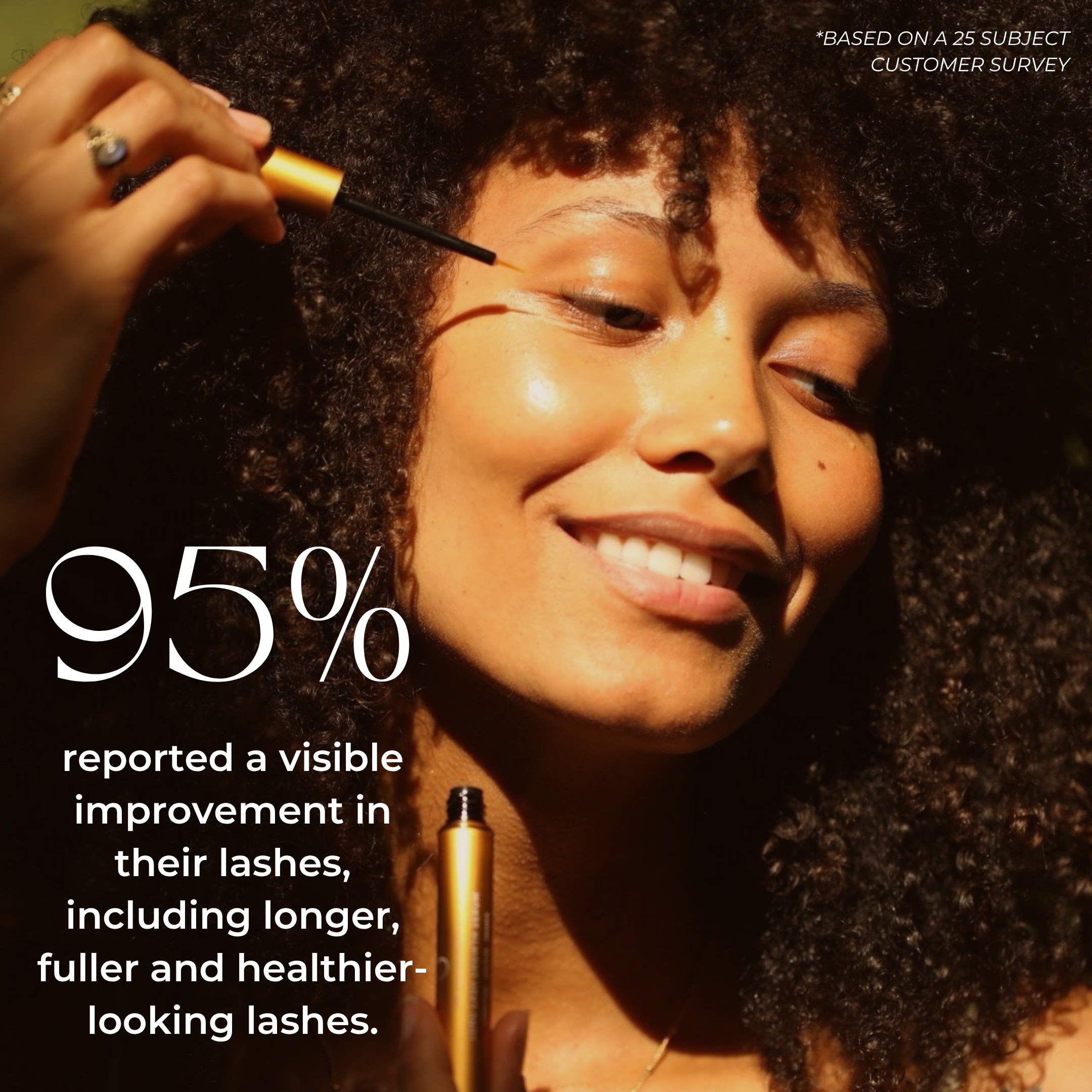 A smiling person applies Long Lash Growth Serum by THE GOLDEN SECRETS to their eyelashes. Text reads: 95% reported a visible improvement in their lashes, including longer, fuller, and healthier-looking lashes after using our peptide eyelash enhancer.