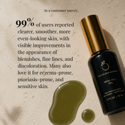 Heal All Oil bottle with text about skin improvement on a beige background