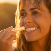 A smiling person holds a tube of THE GOLDEN SECRETS Organic Coconut Lip Balm close to their lips, their face and hair glowing in warm sunlight, highlighting how it hydrates lips for a soft, plump look.