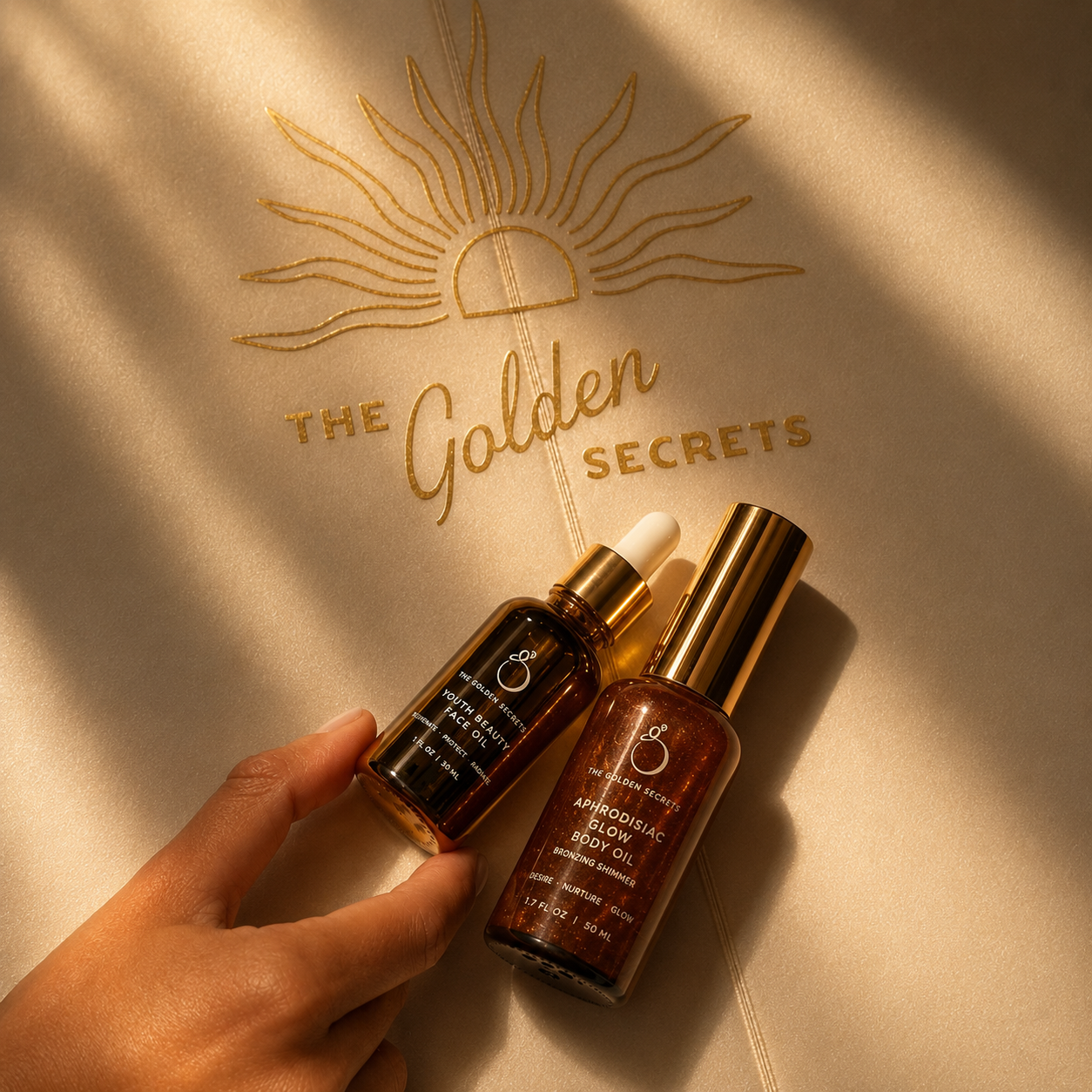 A hand holds two skincare bottles from THE GOLDEN SECRETS’ Golden Hour Duo on a beige surface with sun graphics and sunlight shadows, embodying the radiant glow inspired by golden hour.