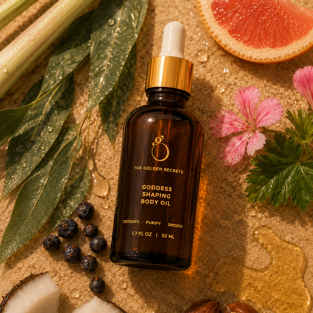 A brown glass dropper bottle labeled "Goddess Shaping Body Oil" by THE GOLDEN SECRETS rests on a textured surface, surrounded by grapefruit, flowers, leaves, juniper berries, coconut, and water droplets. Crafted to tighten skin and reduce cellulite, this luxurious body oil blends natural botanicals for a rejuvenating self-care ritual.