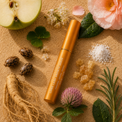 A gold tube labeled THE GOLDEN SECRETS Long Lash Growth Serum—an advanced eyelash enhancer—rests on sand, surrounded by natural ingredients such as green apple, ginseng root, flowers, rosemary, seeds, salt, and resin crystals to promote naturally fuller lashes.