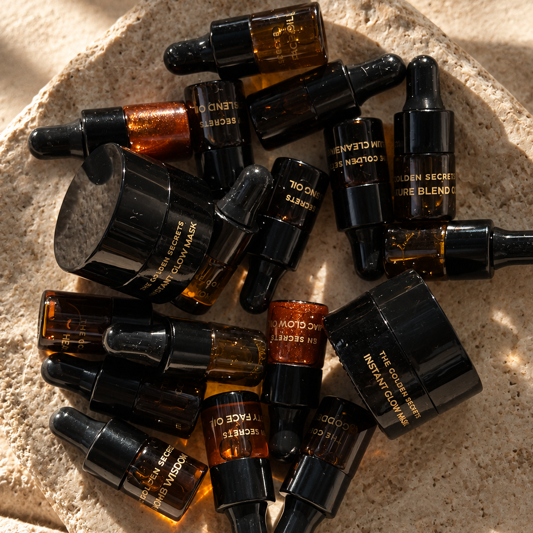 A curated selection of Deluxe Minis from THE GOLDEN SECRETS—petite amber and black skincare bottles and jars adorned with gold labels—rests atop textured stone tiles, bathed in warm natural light, inviting you to elevate your skincare ritual for radiant-looking skin.